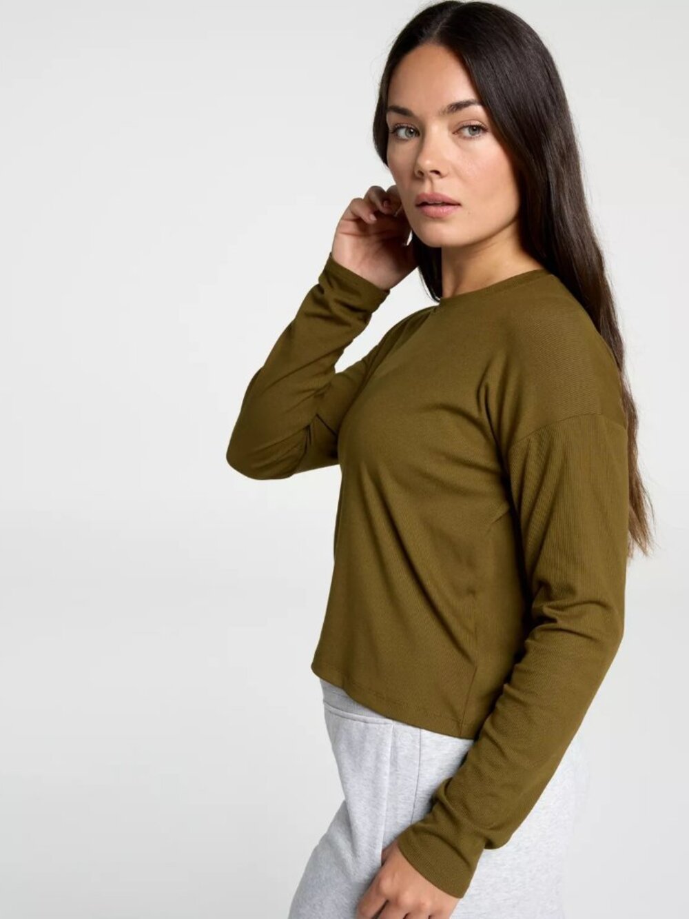CALIA Women's Everyday Rib Boxy Long Sleeve Tee - Color: Dark Khaki Olive - Picture 4 of 9